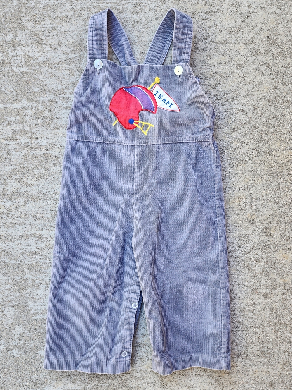 Vintage Tiny Tots Kids Gray‎ Corduroy Overalls with Football Helmet Team, 12-18M